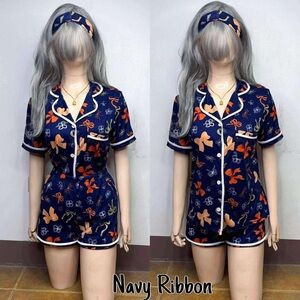 NWOT-Navy Ribbon Pajama Set with Headband